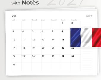 Planner 2027 minimaliste en français | Agenda mensuel avec jours de la semaine | Pages avec espace de notes | Calendrier à imprimer