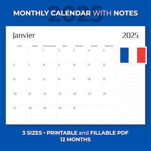 2025 Monthly French Calendar 2025 Calendar in French Digital Download, 2025 Wall Calendar in  in French, calendrier en français 2025