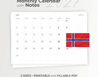 May include: A 2027 monthly calendar page for May with a notes section on the right. The grid displays days of the week in Norwegian, numbered 1 through 31. A small rectangular Norwegian flag is overlaid on the calendar grid.