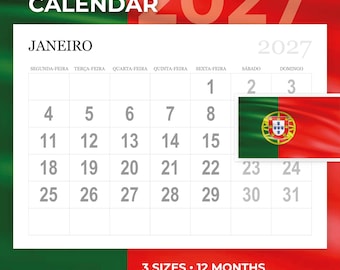 May include: A 2027 monthly calendar page for January featuring the Portuguese flag. The grid displays days of the week in Portuguese, numbered dates from 1 to 31, and the text Monthly Calendar 2027. The design includes a red and green background.