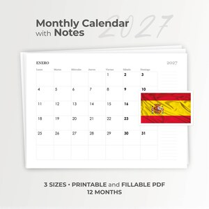 Può includere: Un calendario mensile 2027 in PDF stampabile con una sezione per le note. La pagina mostra il mese di Enero con una griglia dei giorni e una piccola bandiera spagnola. Il testo include Monthly Calendar with Notes, 2027, e 3 SIZES PRINTABLE and FILLABLE PDF 12 MONTHS.