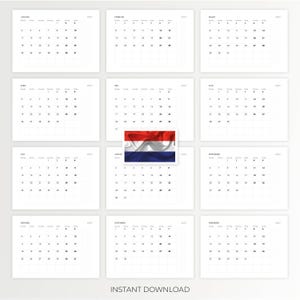 Pode incluir: Uma grade de calend&aacute;rio de doze meses para o ano de 2024, com texto preto em fundo branco. O m&ecirc;s central, agosto, exibe uma imagem retangular da bandeira holandesa com faixas horizontais vermelha, branca e azul. O texto diz Instant Download.