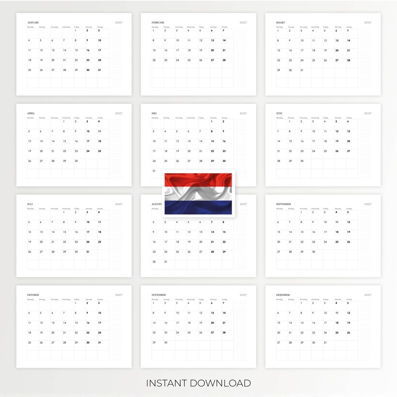 Pode incluir: Uma grade de calend&aacute;rio de doze meses para o ano de 2024, com texto preto em fundo branco. O m&ecirc;s central, agosto, exibe uma imagem retangular da bandeira holandesa com faixas horizontais vermelha, branca e azul. O texto diz Instant Download.