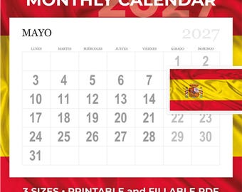 Peut inclure: Une page de calendrier mensuel 2027 pour le mois de Mayo, présentant une grille avec les jours de la semaine en espagnol, le nombre 2027 et un petit drapeau espagnol. Le fond est une texture de tissu rouge et jaune avec le texte 3 SIZES, PRINTABLE and FILLABLE PDF, et 12 MONTHS.