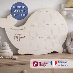 Peut inclure: Un tableau photo en bois en forme de baleine avec des espaces pour les photos mensuelles. Le tableau porte les inscriptions "Arthur" et "La première année de". L'image comprend un lapin en peluche, un mobile lune et d'autres décorations de chambre d'enfant.