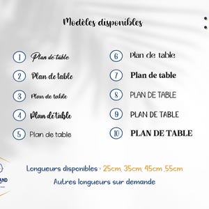 May include: A white background with a list of 10 table plan designs numbered 1 through 10. The text reads "Mod&egrave;les disponibles" and "Longueurs disponibles: 25cm, 35cm, 45cm, 55cm". The text also reads "Autres longueurs sur demande".