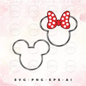 May include: Two black outline Mickey Mouse head shapes, one with a red bow with white polka dots. The image has the text "SVG - PNG - EPS - AI". The background is a watercolor wash with the text "Lima's Design Studio".
