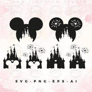 Castle Bundle SVG, Mouse Head Castle Fireworks SVG, Castle Silhouette, Magic Kingdom SVG, Cut files for cricut
