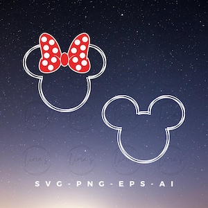 May include: Two white outline Mickey Mouse head designs. One features a red bow with white polka dots. The other is a plain Mickey Mouse head. The background is a gradient of dark blue and purple with white stars. The text "SVG - PNG - EPS - AI" is at the bottom.