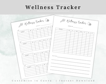 May include: Two white printable wellness trackers with black text. The top of each page reads "Wellness Tracker" with illustrations of a carrot and a lemon. One tracker is for the month, the other for the week. The bottom of the image reads "Customize in Canva | Instant Download".