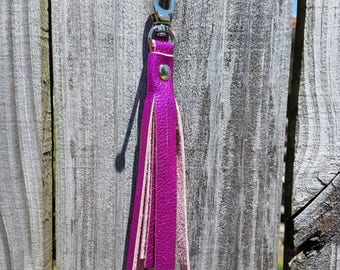 Metallic Hot Pink Genuine Leather Tassel Keychain Clip-on