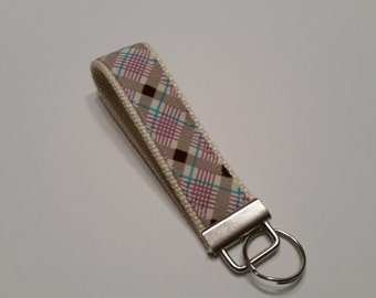 Purple Turquoise Brown Plaid Key Fob Wristlet Keychain