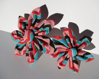 Puppy Poppy Flower for Collar Dog Accessory Turquoise Pink and Brown Chevron