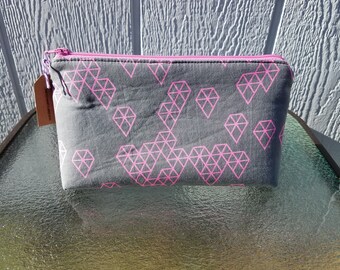 Pink and Grey Geometric Diamonds Gems Zipper Pouch Cosmetic Makeup Bag