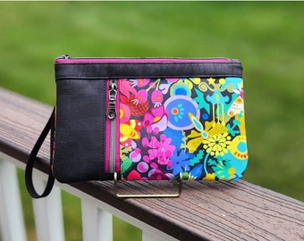 Cork and Fabric Zippy Clutch Rainbow Floral Wristlet Small Purse