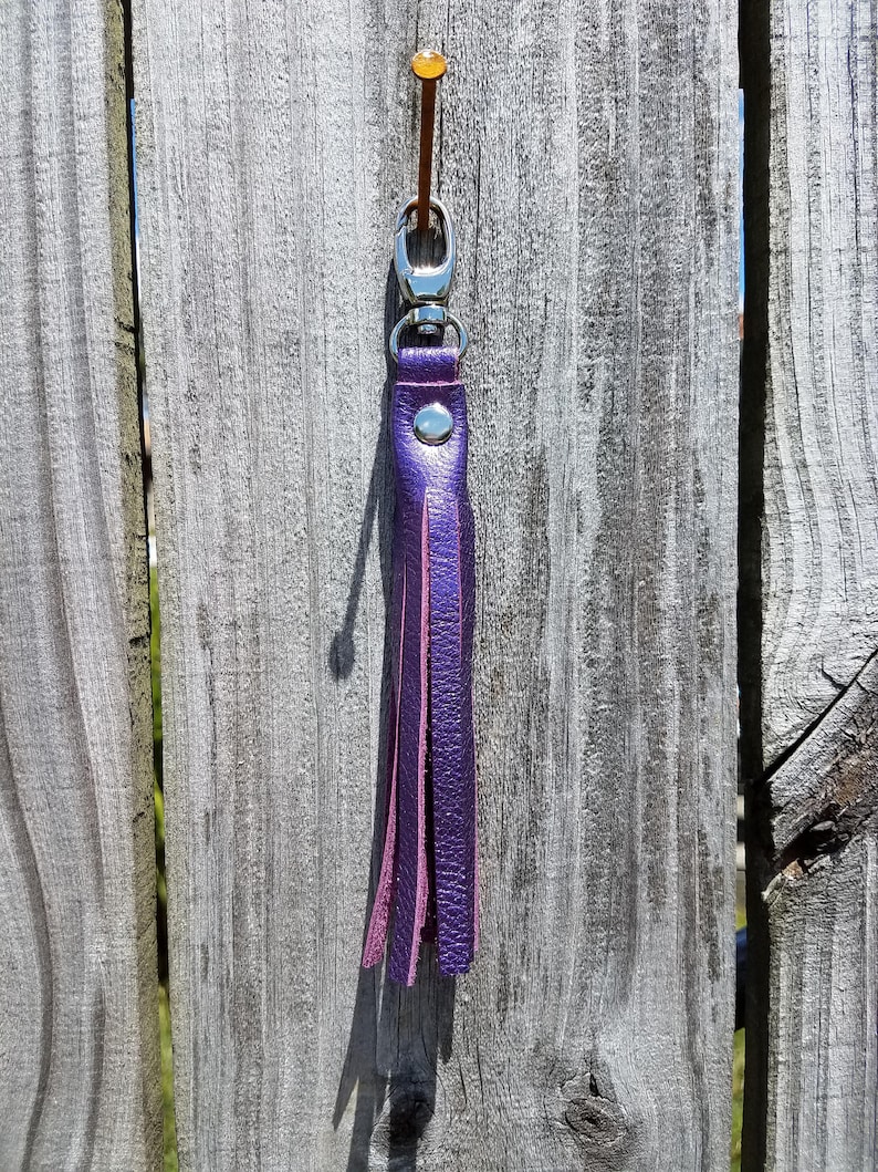 Metallic Royal Purple Genuine Leather Tassel Keychain Clip-on image 1