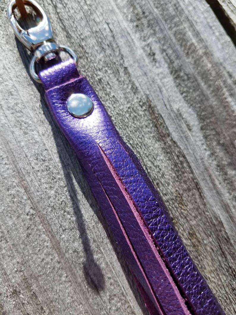 Metallic Royal Purple Genuine Leather Tassel Keychain Clip-on image 3