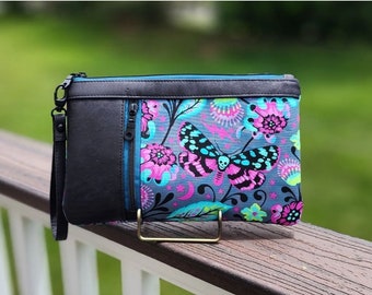 Cork and Fabric Zippy Clutch Death's Head Moth Skull Floral Wristlet Small Purse