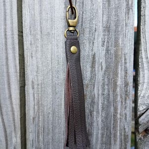 Dark Chocolate Bown Genuine Leather Tassel Keychain Clip-on image 1