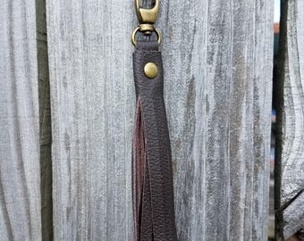 Dark Chocolate Bown Genuine Leather Tassel Keychain Clip-on