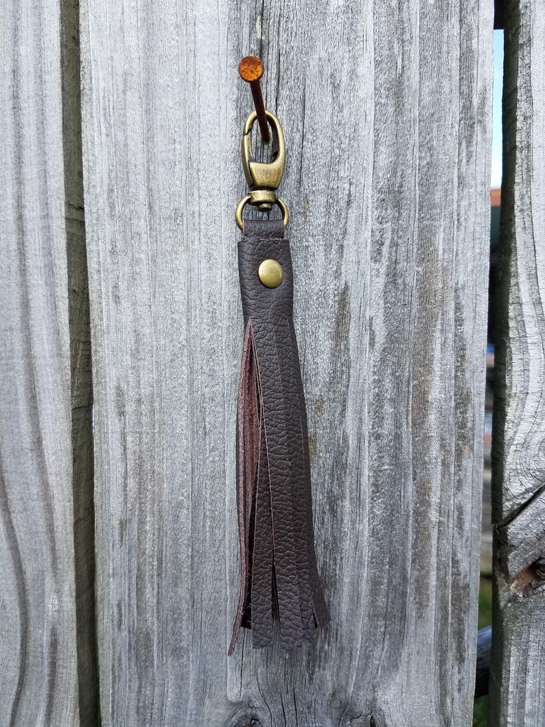 Dark Chocolate Bown Genuine Leather Tassel Keychain Clip-on image 1