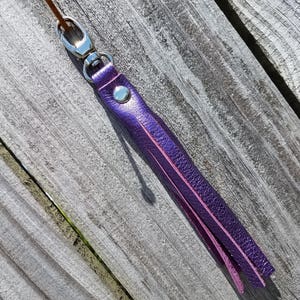 Metallic Royal Purple Genuine Leather Tassel Keychain Clip-on image 2