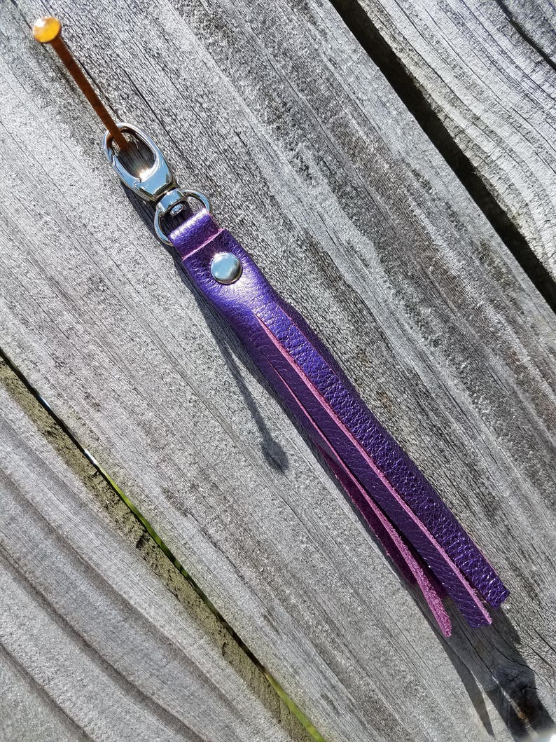 Metallic Royal Purple Genuine Leather Tassel Keychain Clip-on image 2