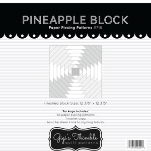 May include: A paper piecing pattern titled "Pineapple Block" with a geometric design. The finished block size is 12 3/8" x 12 3/8". The package includes 36 paper piecing patterns, a master copy, and a basic tip sheet.