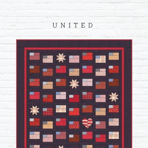 May include: A quilt pattern called "United" featuring a patchwork design of red, white, and blue squares, stars, and a heart. The pattern is by Gigi's Thimble.