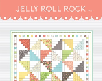 May include: Jelly Roll Rock quilt pattern, a colourful quilt pattern with a variety of floral and geometric prints. The pattern is designed for a jelly roll of fabric and includes instructions for making a quilt. The pattern is from Gigi's Thimble quilt patterns.