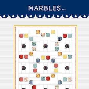 May include: A quilt pattern called "Marbles" #716, featuring a grid of squares with various colored and patterned fabric squares inside. The pattern is designed by Gigi's Thimble quilt patterns.