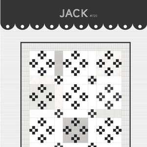 Op de afbeelding: Zwart-wit quiltpatroon genaamd "Jack" #720. Het patroon heeft een herhalend geometrisch ontwerp met vierkanten en rechthoeken.