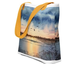 Migration Night Watercolor Tote Bag | Original Landscape Art | Premium All-Over Print Tote | Reusable Bag