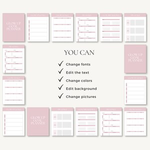 以下が含まれることがあります： ピンク色の「Glow Up Goal Planner」で、目標設定のレイアウトを示す複数のページがあります。「Glow Up Goals」と「My Goals」のセクションが含まれています。「You Can」のテキストは、カスタマイズ可能な機能を示すチェックマークとともに表示されます。
