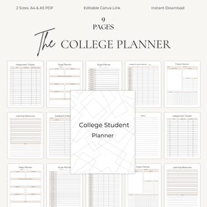 May include: A college planner with 9 pages, available in A4 and A5 PDF sizes. The planner includes sections for assignment tracking, essay planning, study schedules, and project management. The cover features the text "College Student Planner".
