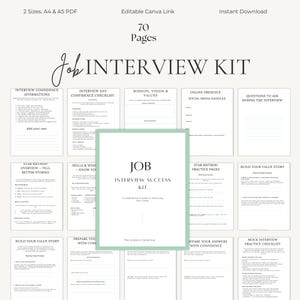 Könnte beinhalten: Ein digitales Job-Interview-Kit mit 70 Seiten, erhältlich in den Formaten A4 und A5 PDF. Das Kit enthält Interview-Selbstbestätigungen, Checklisten und Übungsseiten. Das Cover zeigt den Text "Job Interview Success Kit".