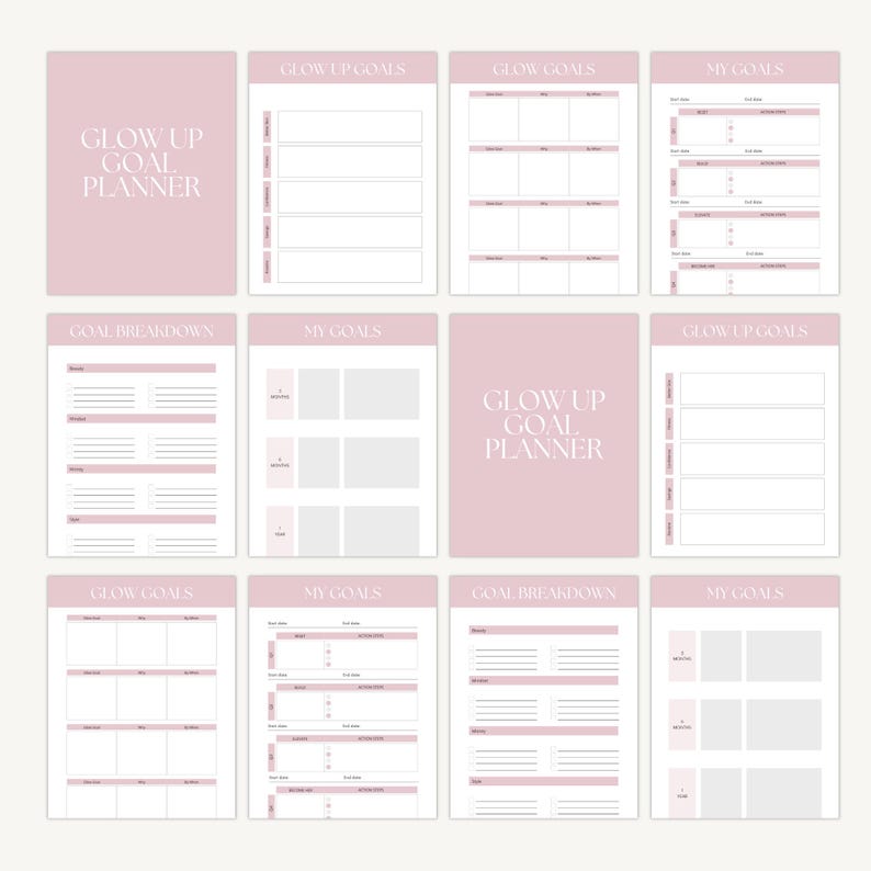 以下が含まれることがあります： ピンク色の「Glow Up Goal Planner」で、目標設定と追跡用のページがあります。「Glow Up Goals」、「My Goals」、「Goal Breakdown」のセクションがあります。デザインはミニマリストで、ピンクと白の要素が使われています。