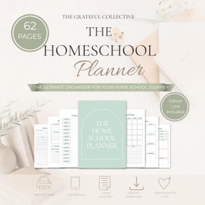 Könnte beinhalten: Ein digitales Homeschool-Planer-Set von The Grateful Collective mit 62 Seiten. Das Cover ist salbeigrün mit einem Bogendesign und dem Text THE HOMESCHOOL PLANNER. Enthält tägliche, wöchentliche und monatliche Vorlagen sowie einen Canva-Link.