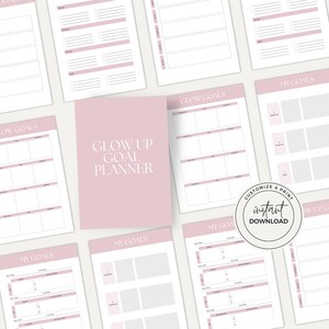 以下が含まれることがあります： 表紙に「Glow Up Goal Planner」の文字が入ったピンク色の「Glow Up Goal Planner」。プランナーは、ピンク色のアクセントと「My Goals」と「Glow Goals」の文字が入った複数の開いたページに囲まれています。「Instant Download」の円形グラフィックも表示されています。