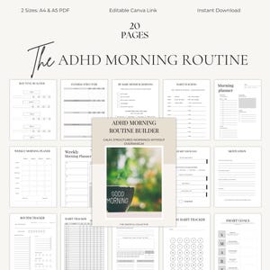 Peut inclure: Un planificateur numérique intitulé "The ADHD Morning Routine" de 20 pages. Il comprend des sections pour la construction de routines, le suivi des habitudes et la définition d'objectifs. La couverture affiche une tasse de café avec les mots "Good Morning".
