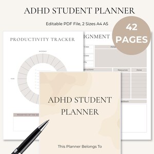 May include: An ADHD student planner digital file set featuring 42 pages in A4 and A5 sizes. The layout includes a productivity tracker with a circular clock graphic, an assignment log, and a cover page with the text ADHD STUDENT PLANNER.