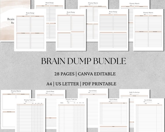 Brain Dump Journal (A4 & US Letter Inserts) Instant PDF Download, Canva Editable