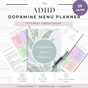 Puede incluir: El Planificador de Menú de Dopamina para TDAH, un paquete imprimible y digital, presenta un planificador encuadernado en espiral con el título en la portada. El planificador incluye páginas con listas y gráficos, y el texto "29 Páginas".