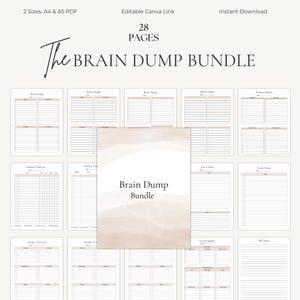 May include: A collection of printable planner pages, titled "The Brain Dump Bundle." The pages include sections for to-do lists, priority tasks, and notes. The bundle is available in A4 and A5 PDF sizes, with an editable Canva link and instant download.