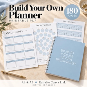 Può includere: Un set di planner stampabile con copertina blu a spirale con il testo Build Your Own Planner, un foglio per gli obiettivi annuali, un tracker dell'umore e un tracker delle abitudini. Include 180 pagine, formati A4 e A5 e un link Canva modificabile.