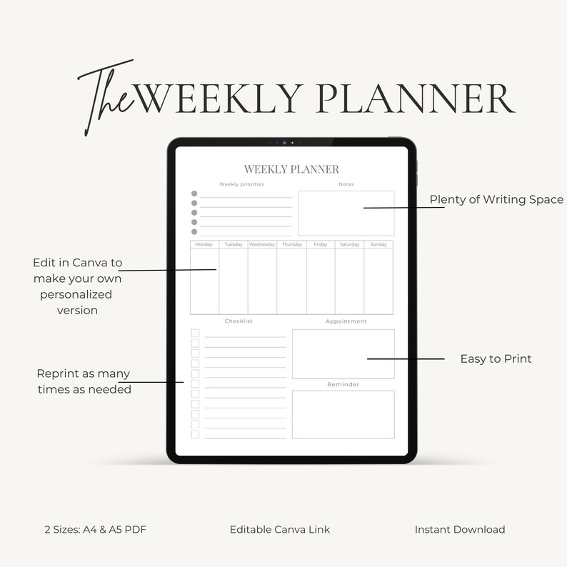Weekly Productivity Planner Template | Printable PDF A4, A5 | Fully ...