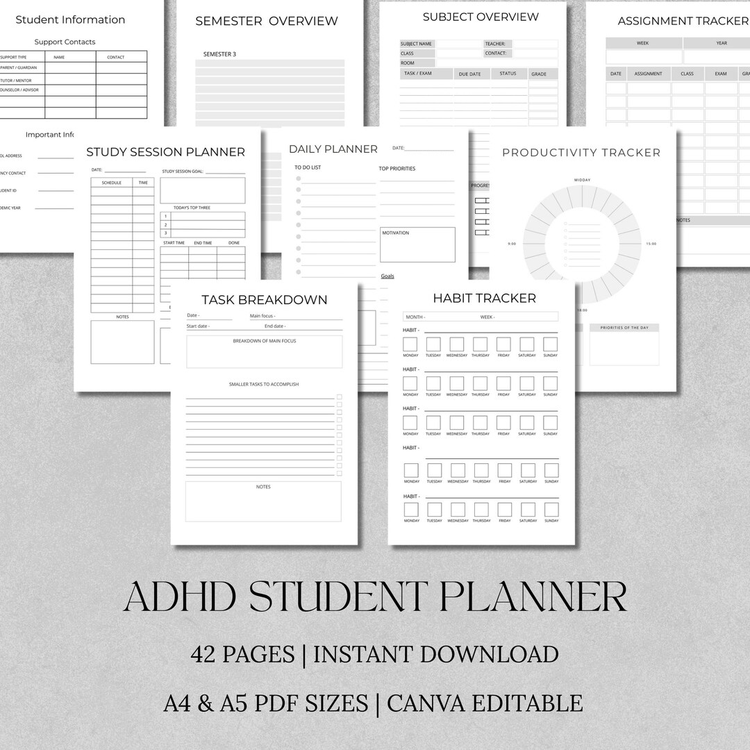 ADHD Study Planner | Minimal Printable A4 A5 Inserts | Editable for ...