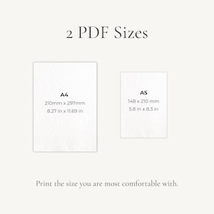 May include: Two PDF size options are displayed: A4 at 8.27 x 11.69 inches and A5 at 5.8 x 8.3 inches. The text encourages the viewer to print the size they are most comfortable with.