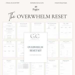 May include: A digital download featuring a 19-page "Overwhelm Reset Kit" with editable Canva link. The kit includes pages for mental inventory, weekly calm plans, and daily focus. The text includes "The G.C. Plan Peacefully".