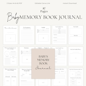 May include: A baby memory book journal with 87 pages, available in A4 and A5 PDF sizes. The cover features the text "Baby's Memory Book Journal" in a stylish font. Pages include sections for photos and journaling, such as "My Pregnancy" and "Our First Family Photo."